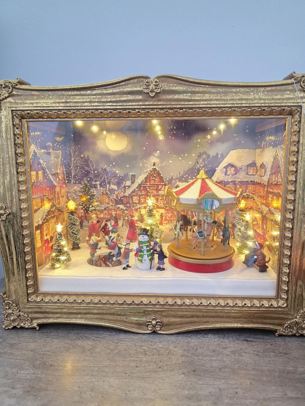 Martha Stewart Framed Christmas Village Scene with Carousel Musical Light Up Box